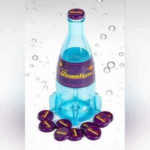 Fallout Nuka Cola Quantum Glass Bottle + 10 Bottle Caps Tin Rocket Statue